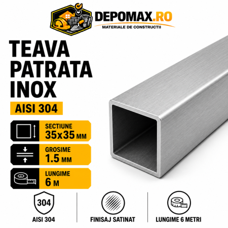 Teava patrata inox satinata AISI 304, 35 x 35 x 1.5 mm, 6 metri